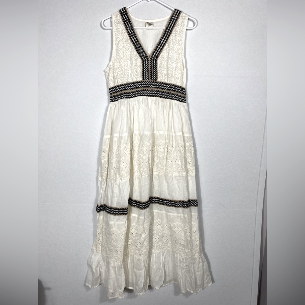 Ivory Boho Tiered Maxi Dress Eyelet Detailing 100% Cotton Made in India Size S/M